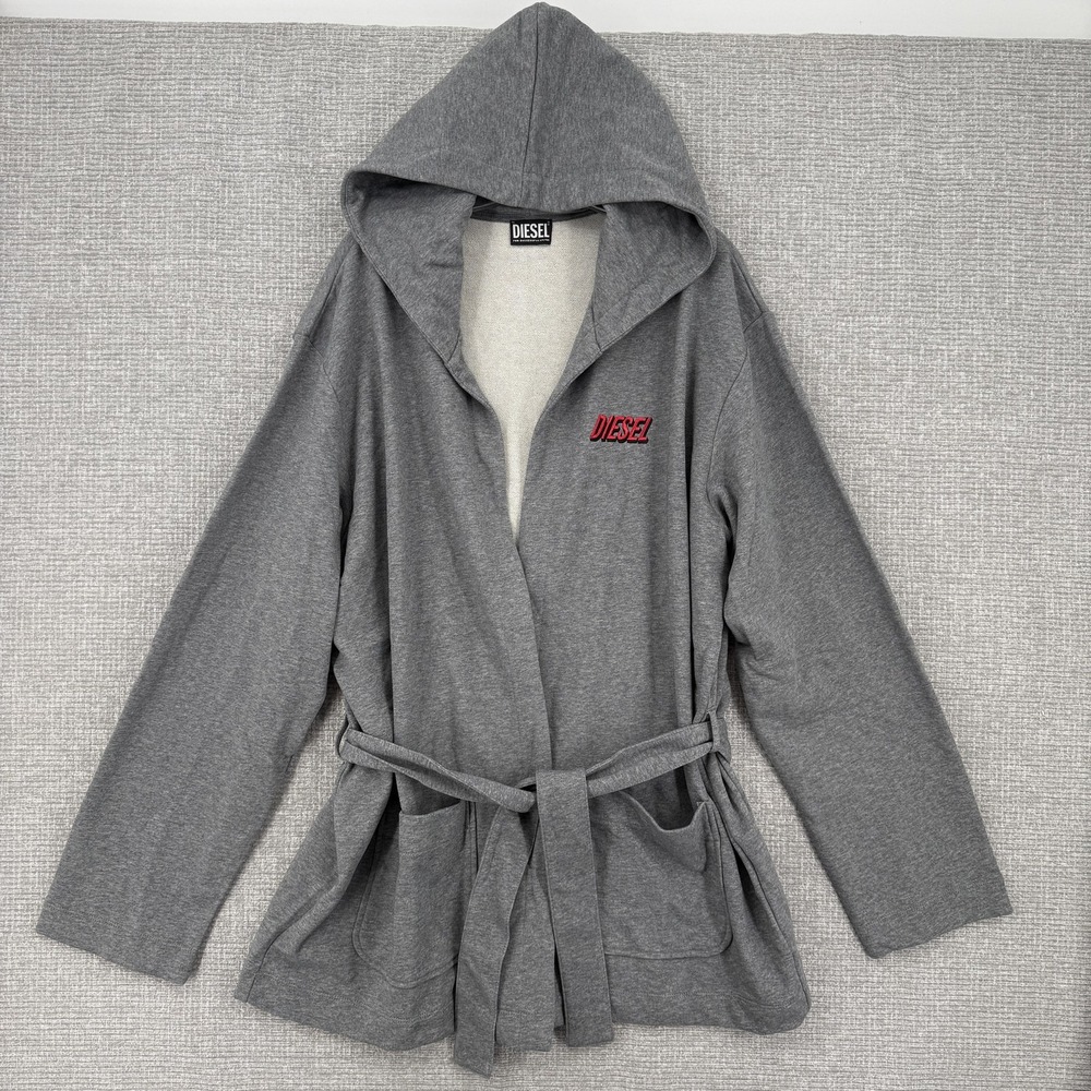 Diesel Coatigan Anorak Mens 2XL Gray Hooded Belted Pockets Jersey Lined